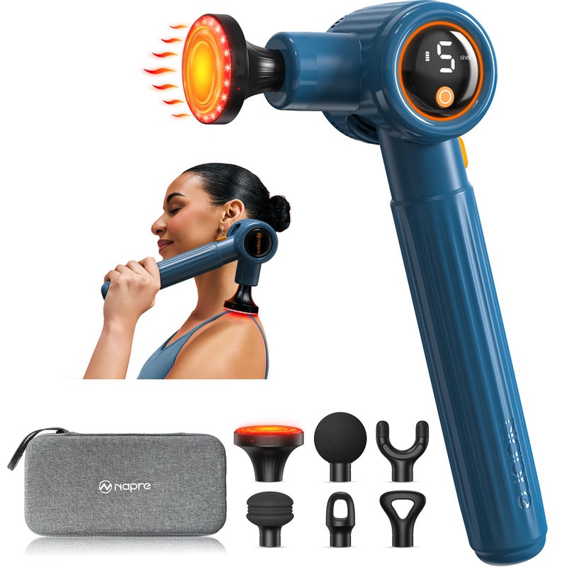 Napre Massage Gun with Heat and Red Light Therapy,Massage Gun Deep Tissue with Extended Handle & 3 Adjustable Angles,Handheld Percussion Muscle Massager for Back/Neck/Body Pain Relief with Case,Blue
